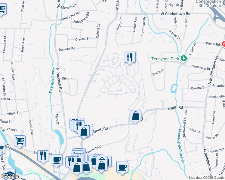 map of restaurants, bars, coffee shops, grocery stores, and more near 42 Nissan Court in Nanuet