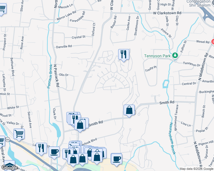 map of restaurants, bars, coffee shops, grocery stores, and more near 42 Nissan Court in Nanuet