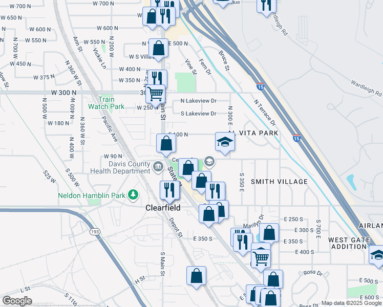 map of restaurants, bars, coffee shops, grocery stores, and more near 111 Center Street in Clearfield