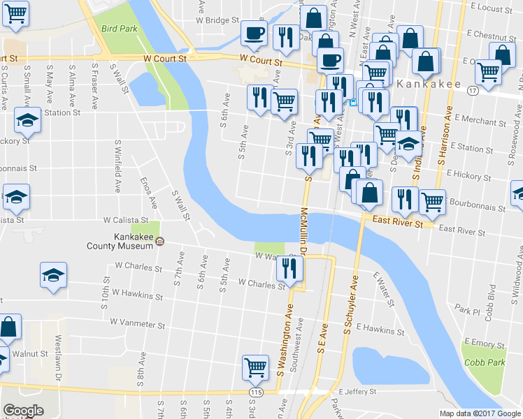 map of restaurants, bars, coffee shops, grocery stores, and more near 614 South 4th Avenue in Kankakee