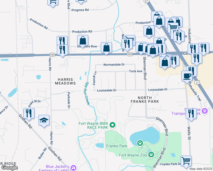 map of restaurants, bars, coffee shops, grocery stores, and more near 4112 Aspen Court in Fort Wayne