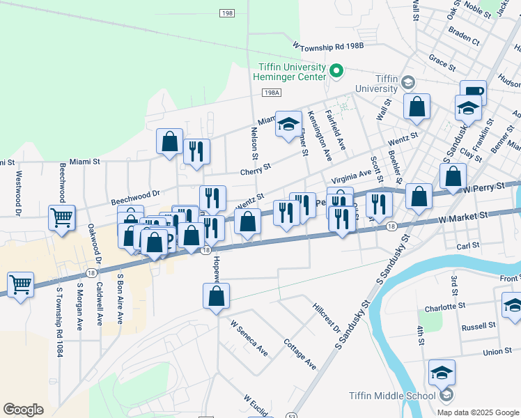 map of restaurants, bars, coffee shops, grocery stores, and more near 278 Wentz Street in Tiffin
