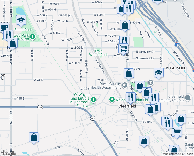 map of restaurants, bars, coffee shops, grocery stores, and more near 285 West 90 North in Clearfield