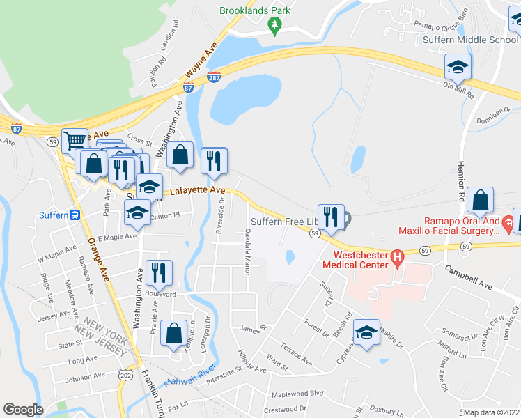 map of restaurants, bars, coffee shops, grocery stores, and more near 177 Lafayette Avenue in Suffern