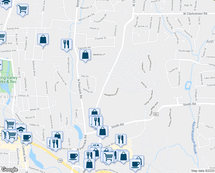 map of restaurants, bars, coffee shops, grocery stores, and more near 4 Trafalgar Court in Nanuet