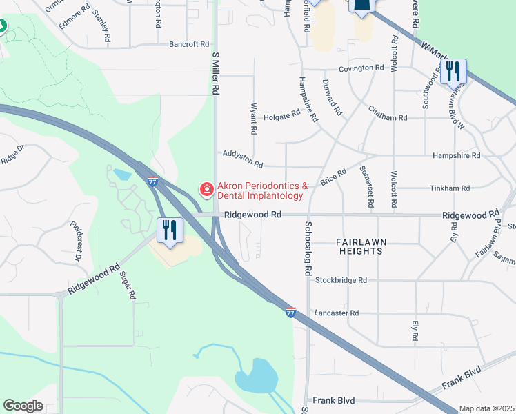 map of restaurants, bars, coffee shops, grocery stores, and more near 2578 Brice Road in Akron