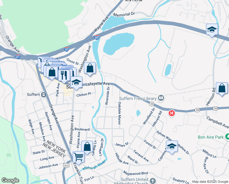 map of restaurants, bars, coffee shops, grocery stores, and more near 174 Lafayette Avenue in Suffern