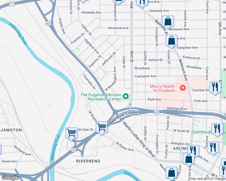 map of restaurants, bars, coffee shops, grocery stores, and more near 1015 Otis Street in Youngstown