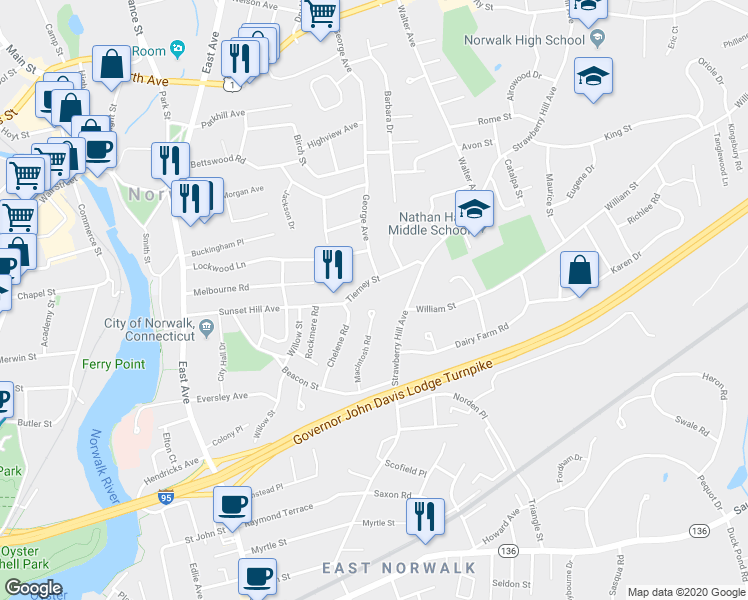 map of restaurants, bars, coffee shops, grocery stores, and more near 32 Tierney Street in Norwalk