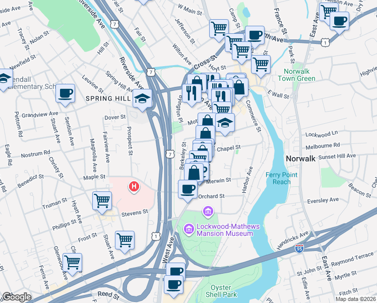map of restaurants, bars, coffee shops, grocery stores, and more near 15 Berkeley Street in Norwalk