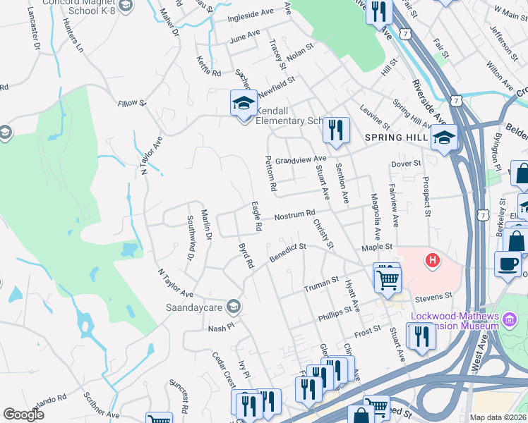 map of restaurants, bars, coffee shops, grocery stores, and more near 18 Eagle Road in Norwalk