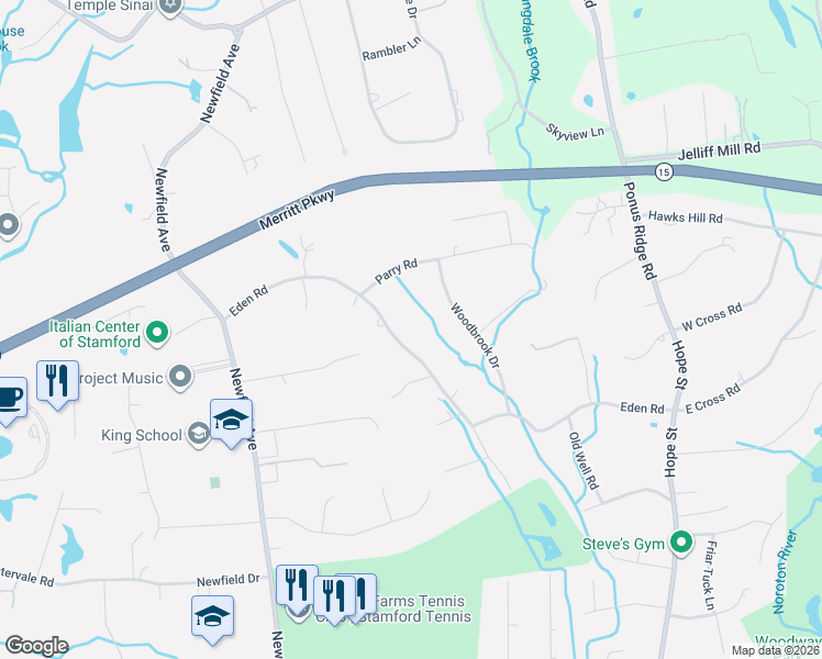 map of restaurants, bars, coffee shops, grocery stores, and more near 170 Eden Road in Stamford
