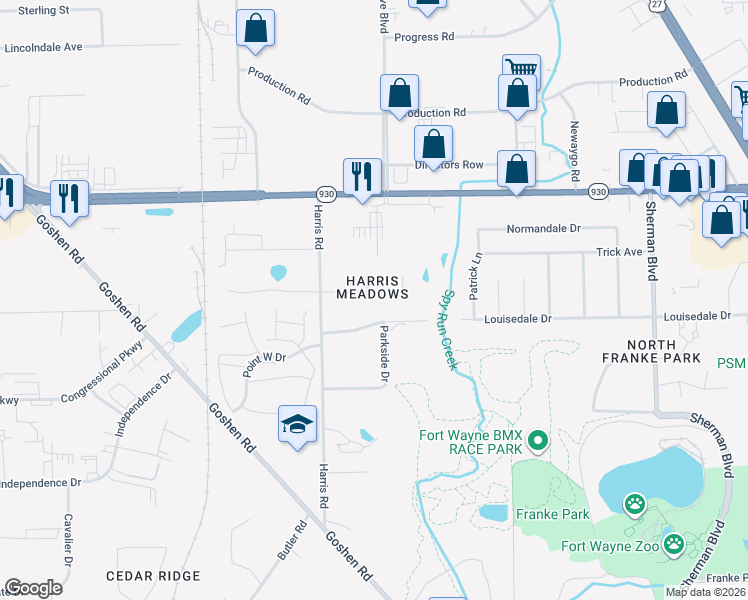 map of restaurants, bars, coffee shops, grocery stores, and more near 4107 Harris Meadow Place in Fort Wayne