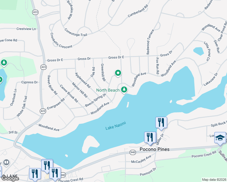 map of restaurants, bars, coffee shops, grocery stores, and more near 42 Beech Spring Drive in Pocono Pines