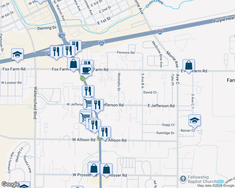 map of restaurants, bars, coffee shops, grocery stores, and more near 316 East Jefferson Road in Cheyenne