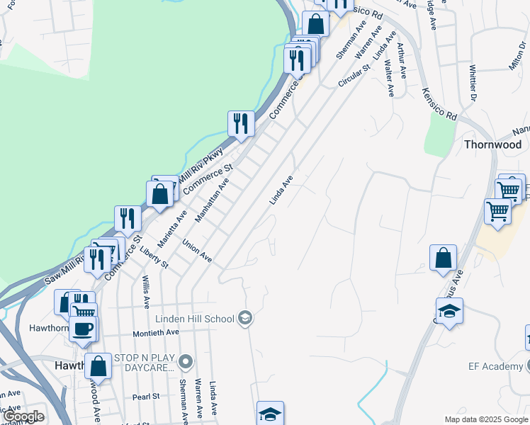 map of restaurants, bars, coffee shops, grocery stores, and more near 582 Linda Avenue in Thornwood
