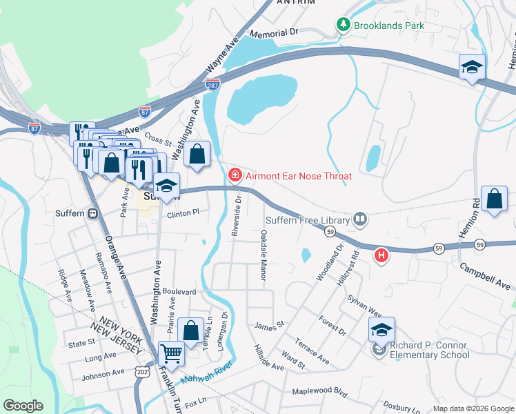 map of restaurants, bars, coffee shops, grocery stores, and more near 5 Oakdale Manor in Suffern