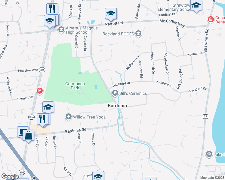 map of restaurants, bars, coffee shops, grocery stores, and more near 164 Germonds Road in West Nyack