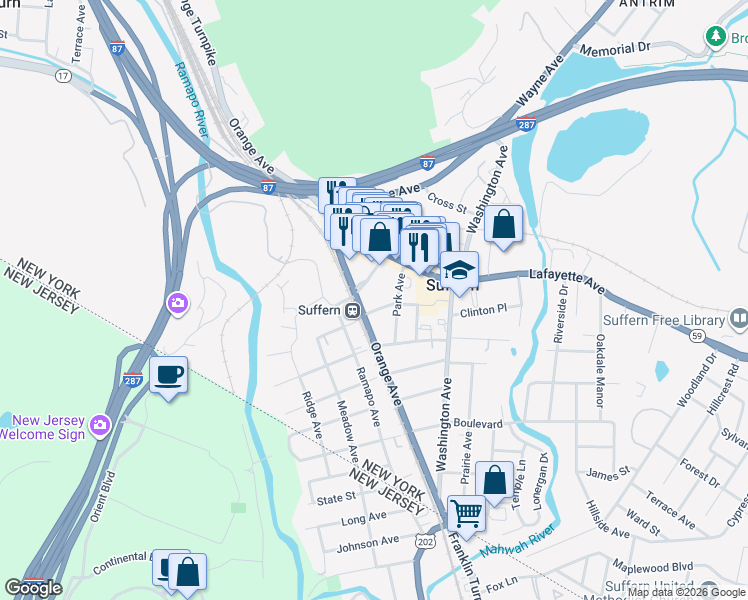 map of restaurants, bars, coffee shops, grocery stores, and more near 35 Park Avenue in Suffern