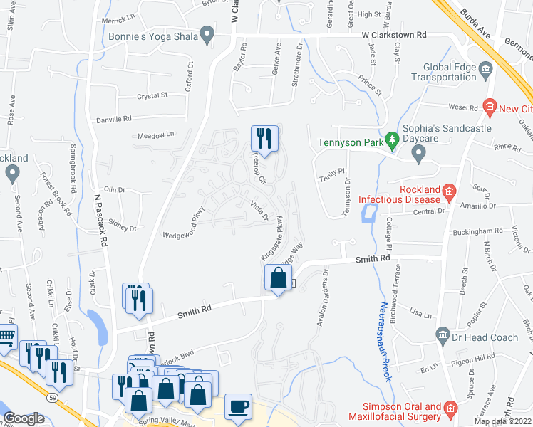 map of restaurants, bars, coffee shops, grocery stores, and more near 1 Devon Court in Nanuet