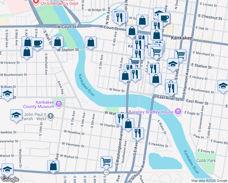 map of restaurants, bars, coffee shops, grocery stores, and more near 326 West River Street in Kankakee