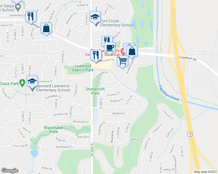map of restaurants, bars, coffee shops, grocery stores, and more near 2302 Scarborough Drive in Bellevue
