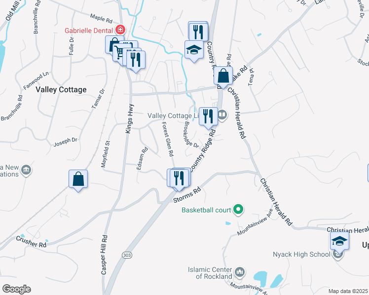 map of restaurants, bars, coffee shops, grocery stores, and more near 800a Brookridge Drive in Valley Cottage
