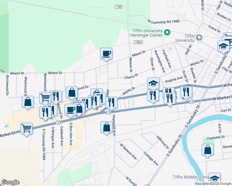 map of restaurants, bars, coffee shops, grocery stores, and more near 70 Fostoria Street in Tiffin