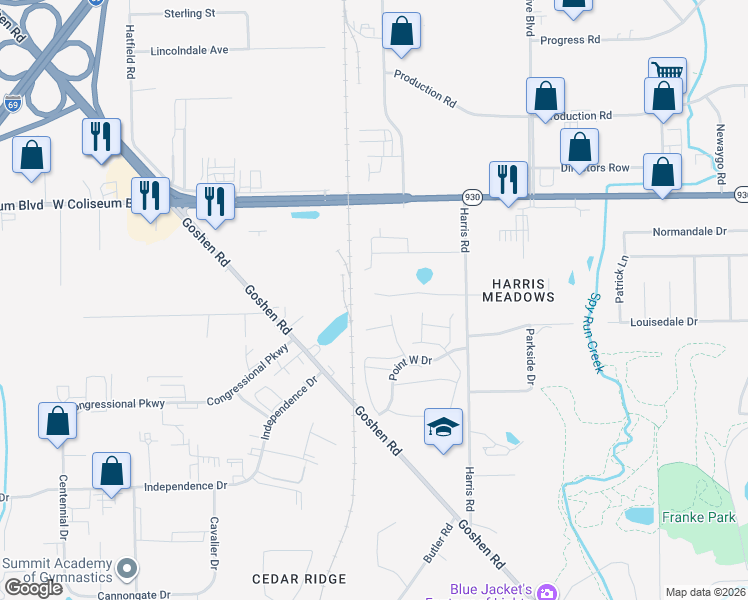 map of restaurants, bars, coffee shops, grocery stores, and more near 2321 Versailles Village Place in Fort Wayne