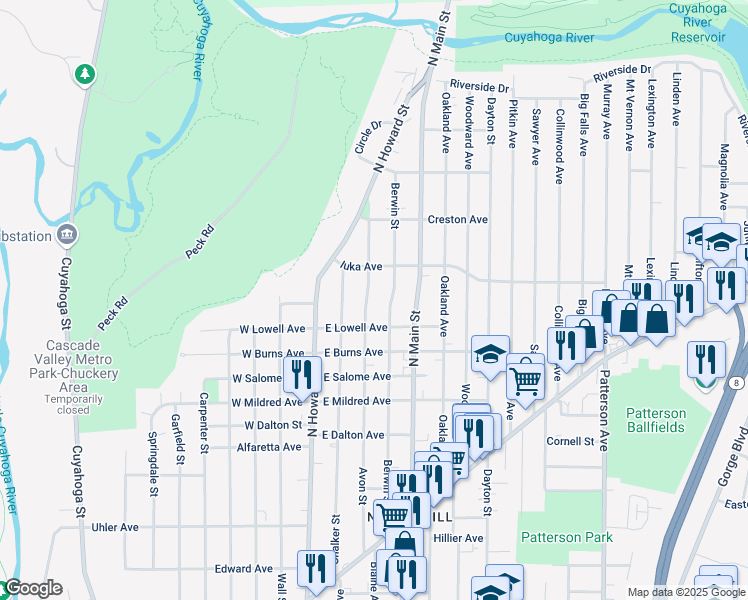 map of restaurants, bars, coffee shops, grocery stores, and more near 1100 Berwin Street in Akron