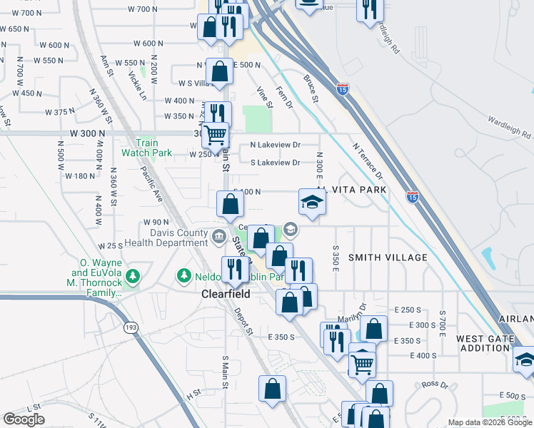 map of restaurants, bars, coffee shops, grocery stores, and more near 182 East 100 North in Clearfield