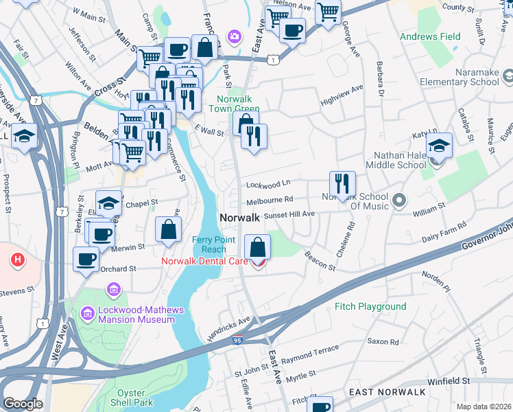 map of restaurants, bars, coffee shops, grocery stores, and more near 109 East Avenue in Norwalk