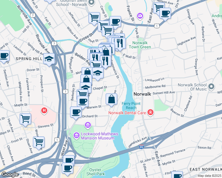 map of restaurants, bars, coffee shops, grocery stores, and more near 35 Chapel Street in Norwalk