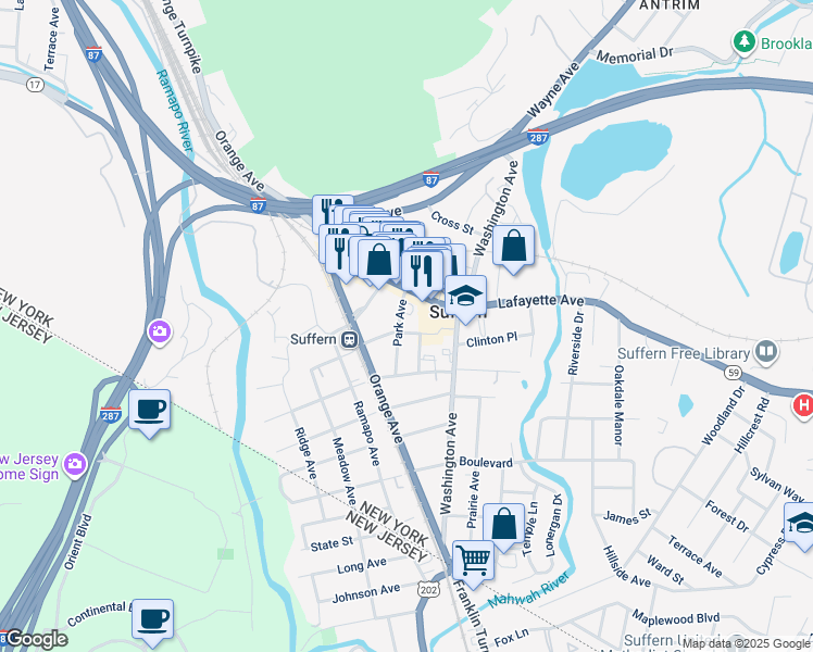 map of restaurants, bars, coffee shops, grocery stores, and more near 71-73 Lafayette Avenue in Suffern