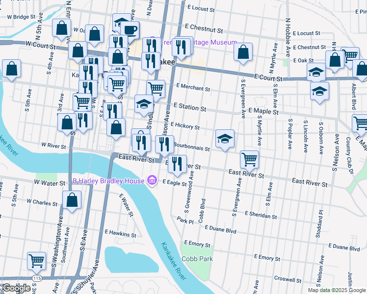 map of restaurants, bars, coffee shops, grocery stores, and more near 414 South Chicago Avenue in Kankakee