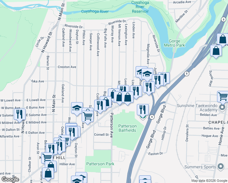 map of restaurants, bars, coffee shops, grocery stores, and more near 1088 Murray Avenue in Akron