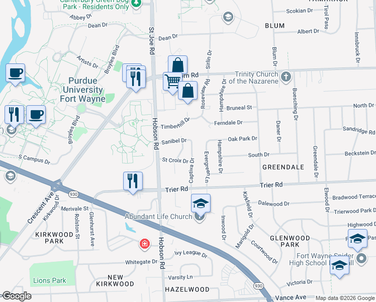 map of restaurants, bars, coffee shops, grocery stores, and more near 4015 Captiva Drive in Fort Wayne