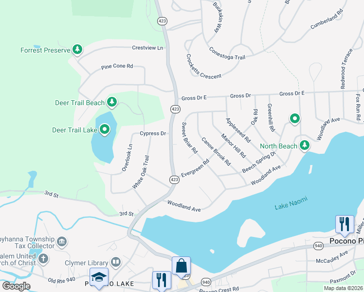 map of restaurants, bars, coffee shops, grocery stores, and more near 31 Sweet Briar Road in Pocono Pines