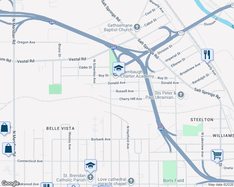 map of restaurants, bars, coffee shops, grocery stores, and more near 2432 Russell Avenue in Youngstown