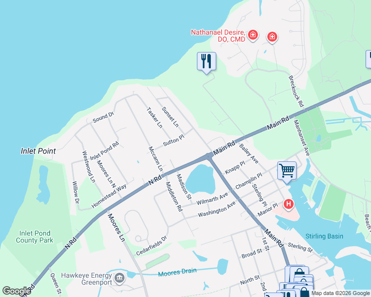 map of restaurants, bars, coffee shops, grocery stores, and more near 485 Sutton Place in Greenport