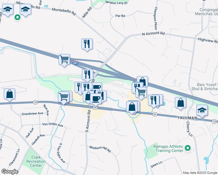 map of restaurants, bars, coffee shops, grocery stores, and more near 32 North De Baun Avenue in Suffern