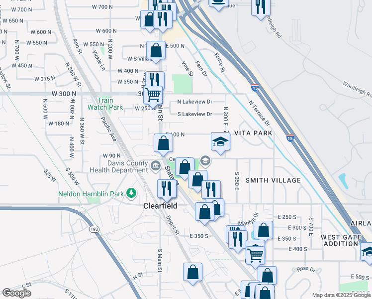 map of restaurants, bars, coffee shops, grocery stores, and more near 111 Center Street in Clearfield