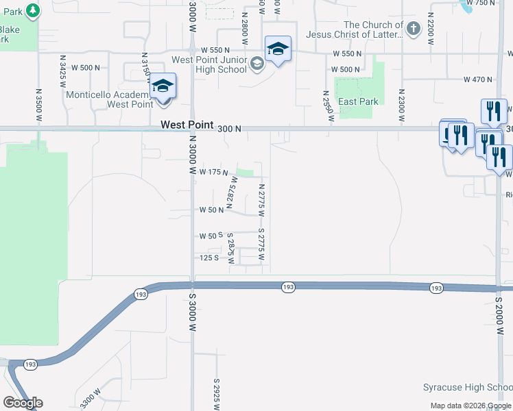 map of restaurants, bars, coffee shops, grocery stores, and more near 73 North 2775 West in West Point