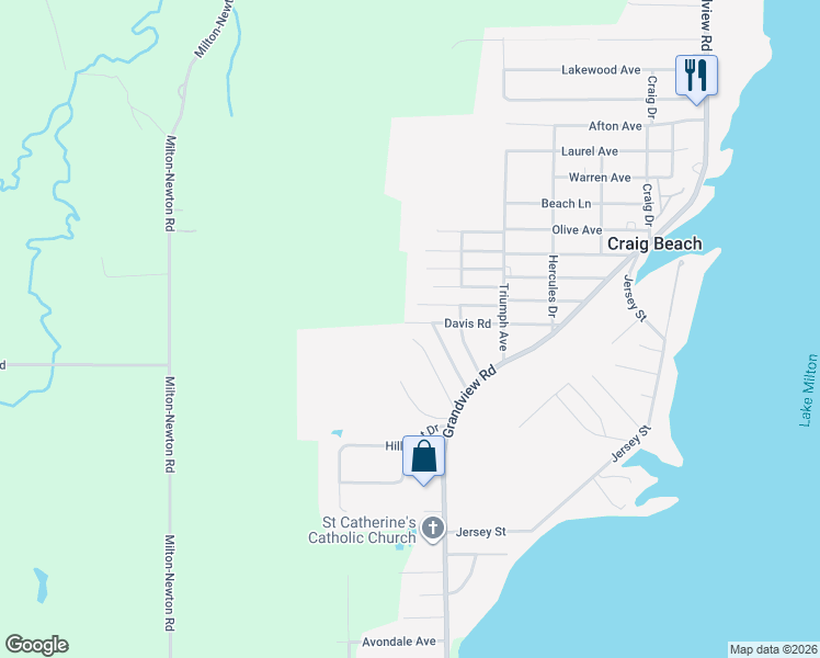 map of restaurants, bars, coffee shops, grocery stores, and more near 17889 Redwood Road in Lake Milton