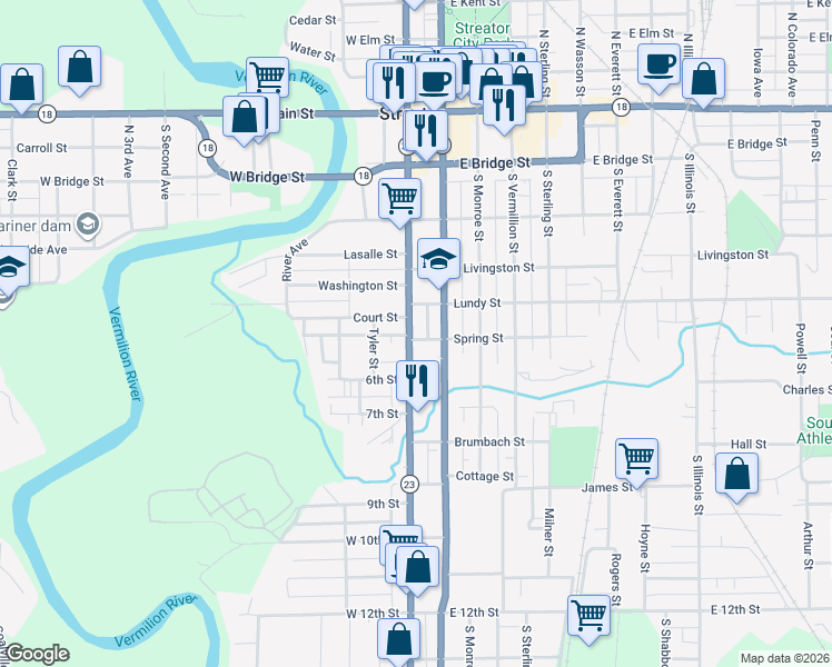 map of restaurants, bars, coffee shops, grocery stores, and more near 504 South Park Street in Streator