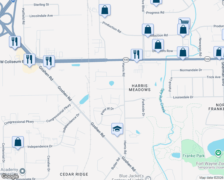 map of restaurants, bars, coffee shops, grocery stores, and more near 2205 Versailles Village Place in Fort Wayne