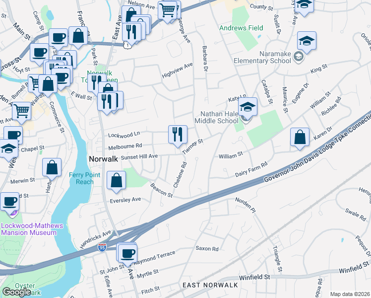 map of restaurants, bars, coffee shops, grocery stores, and more near 21 Tierney Street in Norwalk