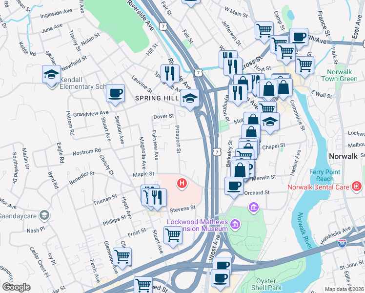 map of restaurants, bars, coffee shops, grocery stores, and more near 20 Bedford Avenue in Norwalk