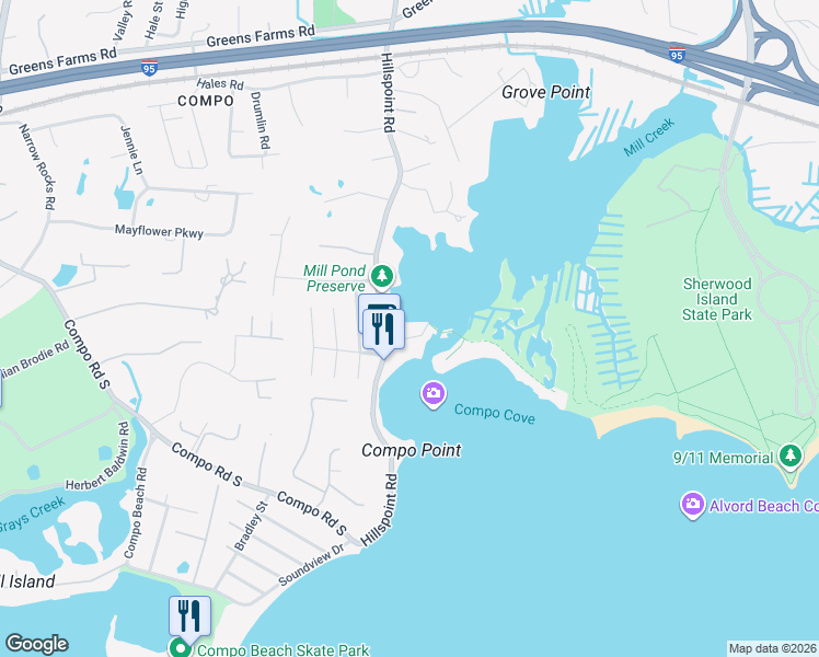 map of restaurants, bars, coffee shops, grocery stores, and more near 203 Hillspoint Road in Westport