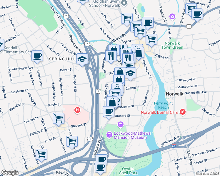 map of restaurants, bars, coffee shops, grocery stores, and more near 15 Berkeley Street in Norwalk
